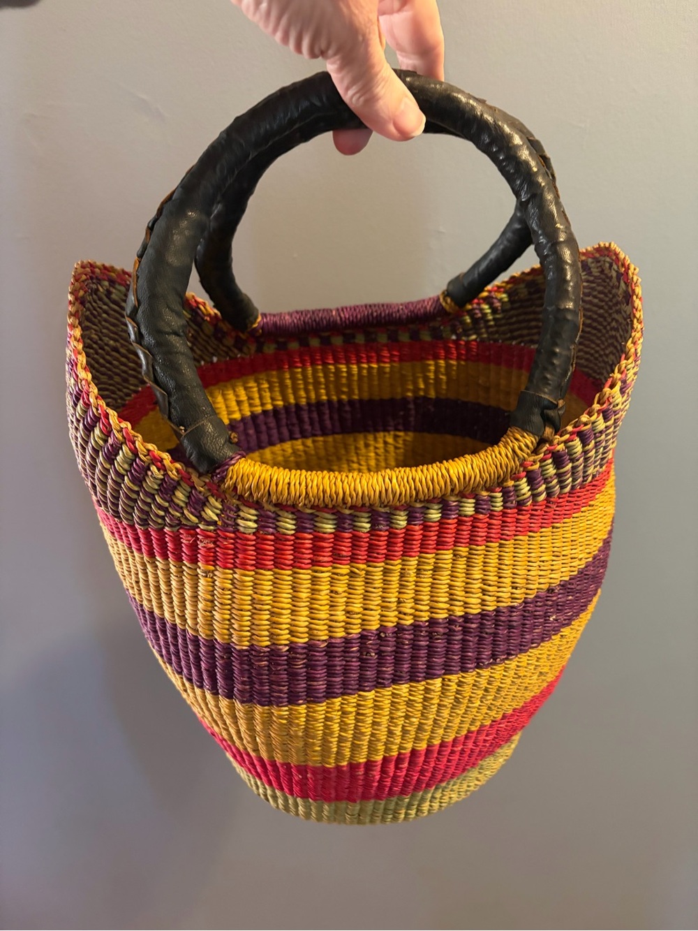 Hand Woven Raffia Natural Fiber Tote with Leather Strap, "Bolga Basket" .